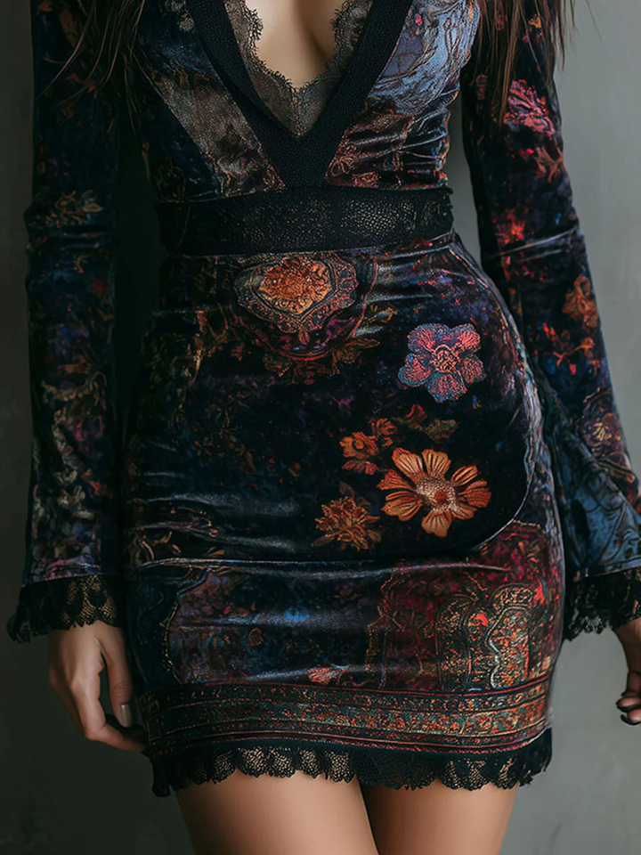 Posy | Floral Velvet Lace-Trim Mini Dress