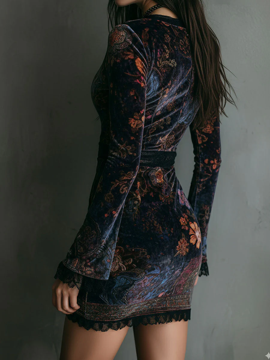 Posy | Floral Velvet Lace-Trim Mini Dress