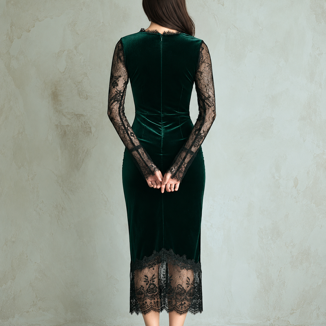 Florence | Velvet Midi Dress with Lace Sleeves