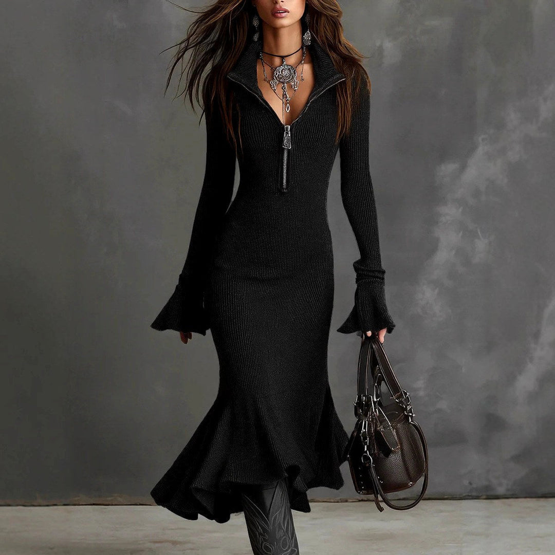 Aja | Ribbed Zip-Neck Knit Midi Dress