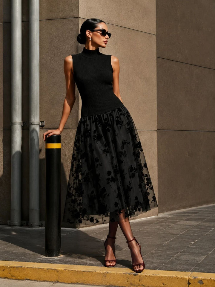 Addie | Flocked Knit High-Neck Maxi Dress