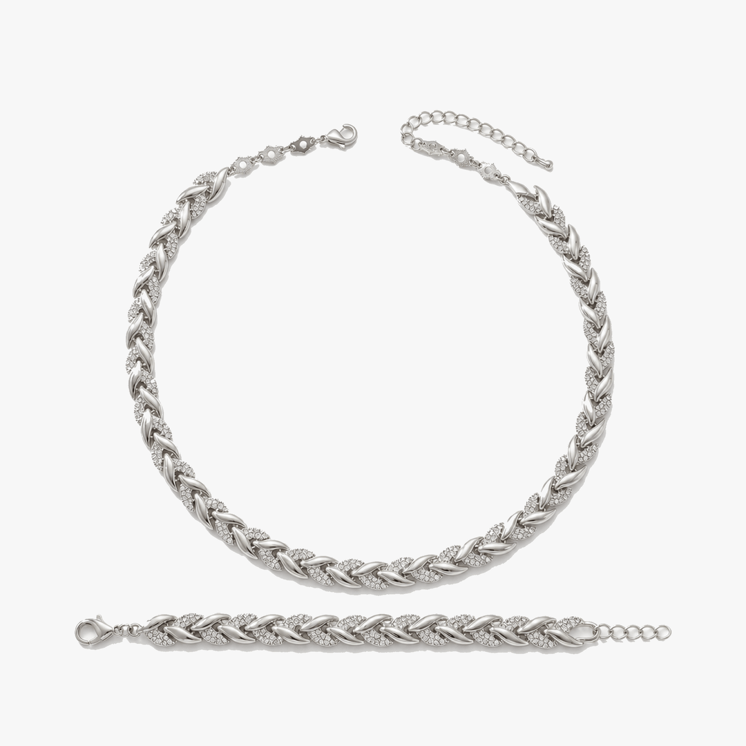 Levara - Sparkling Leaf Link Necklace and Bracelet Set