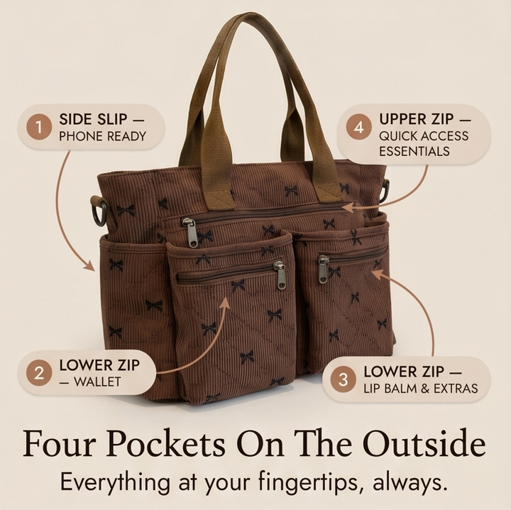 Bowette – Corduroy Bow-Print Tote with Laptop Pocket