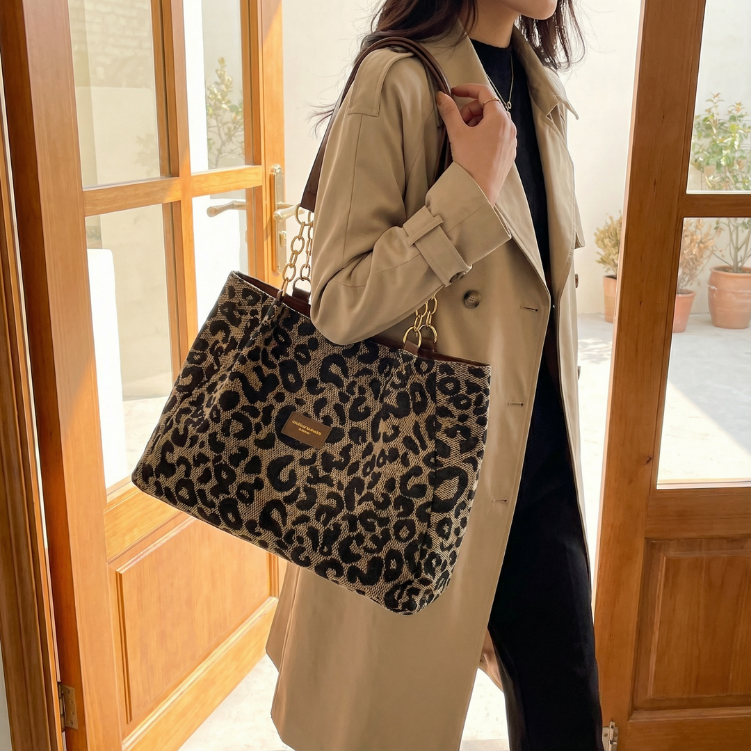 Lynxe - Leopard Print Tote with Chain Detail