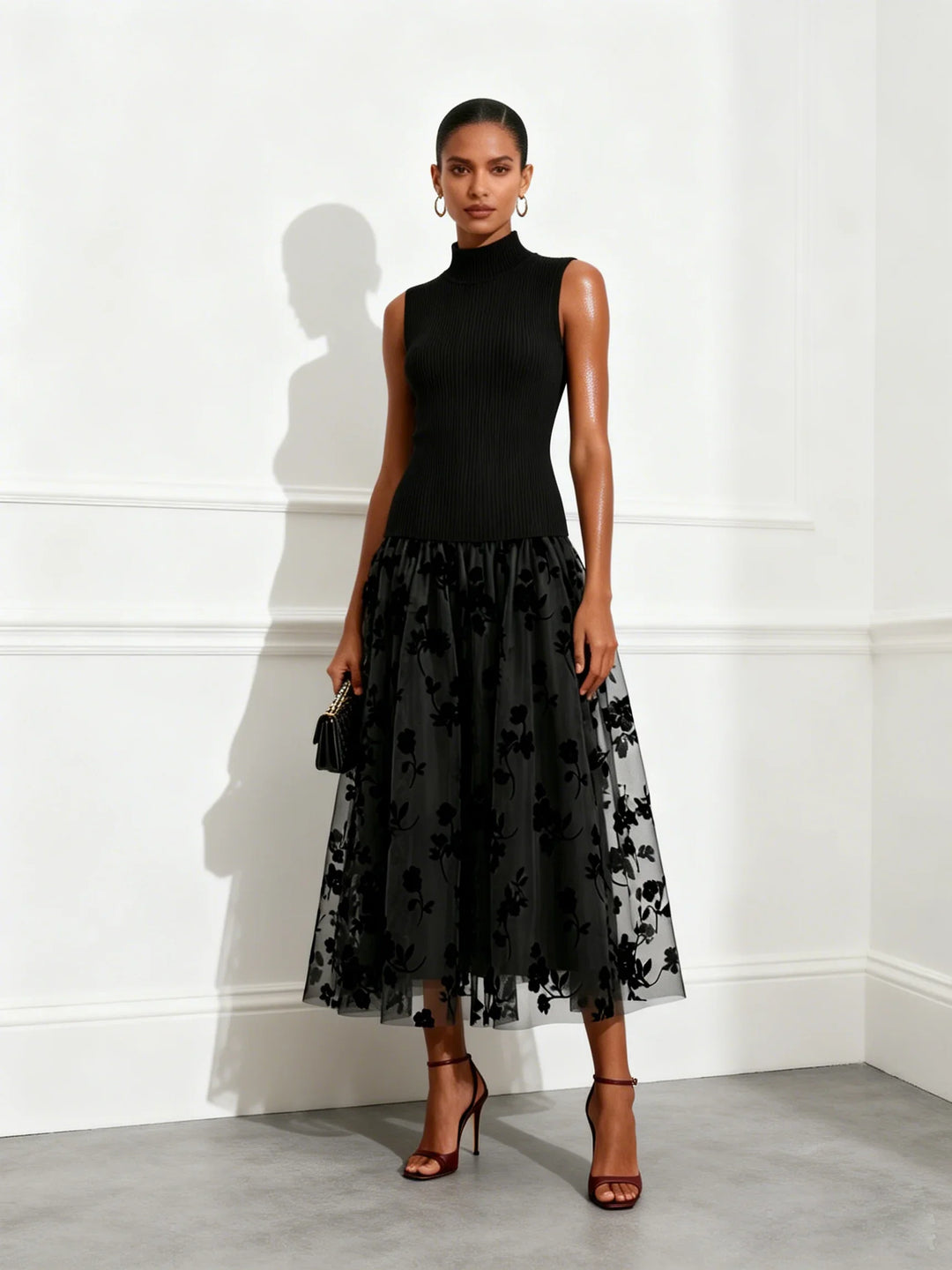 Addie | Flocked Knit High-Neck Maxi Dress