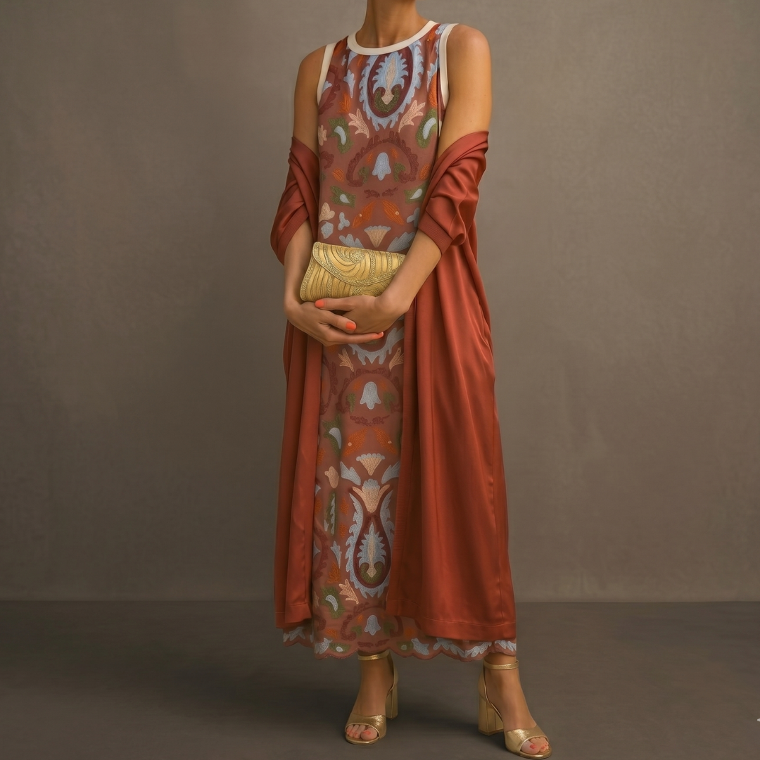 Victoria - Printed Maxi Dress with Matching Layer