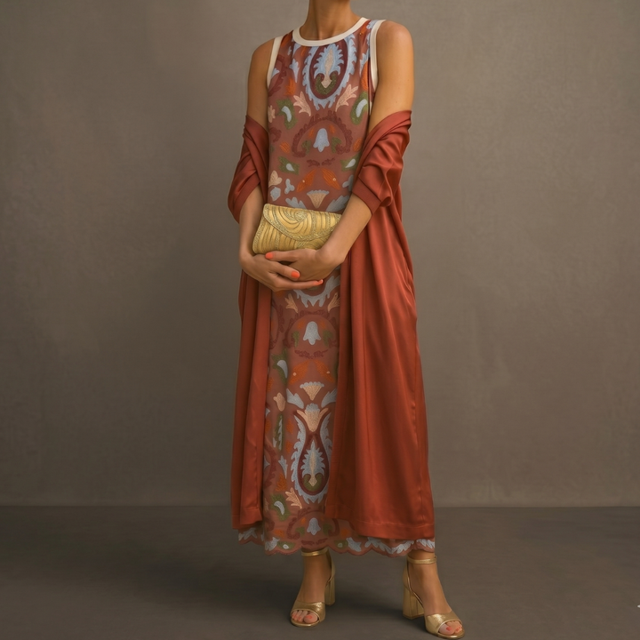 Victoria - Printed Maxi Dress with Matching Layer
