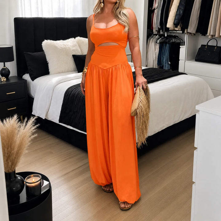 Florenza – Sleeveless Cutout Wide Leg Jumpsuit with Adjustable Back Tie