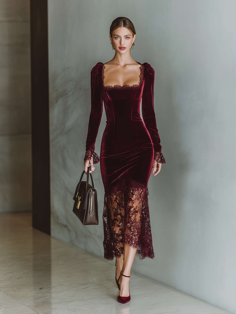 Cosette | Velvet Lace Fitted Maxi Dress