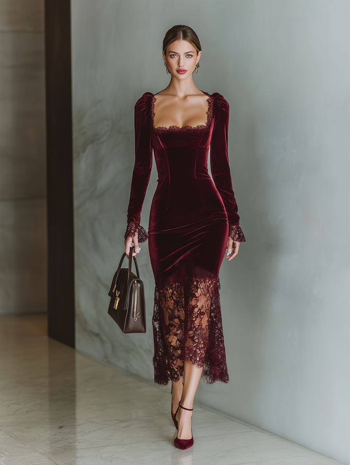 Cosette | Velvet Lace Fitted Maxi Dress