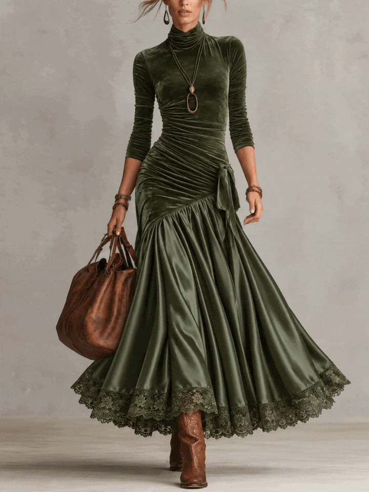 Sabine | Velvet &amp; Satin Lace-Hem Maxi Dress