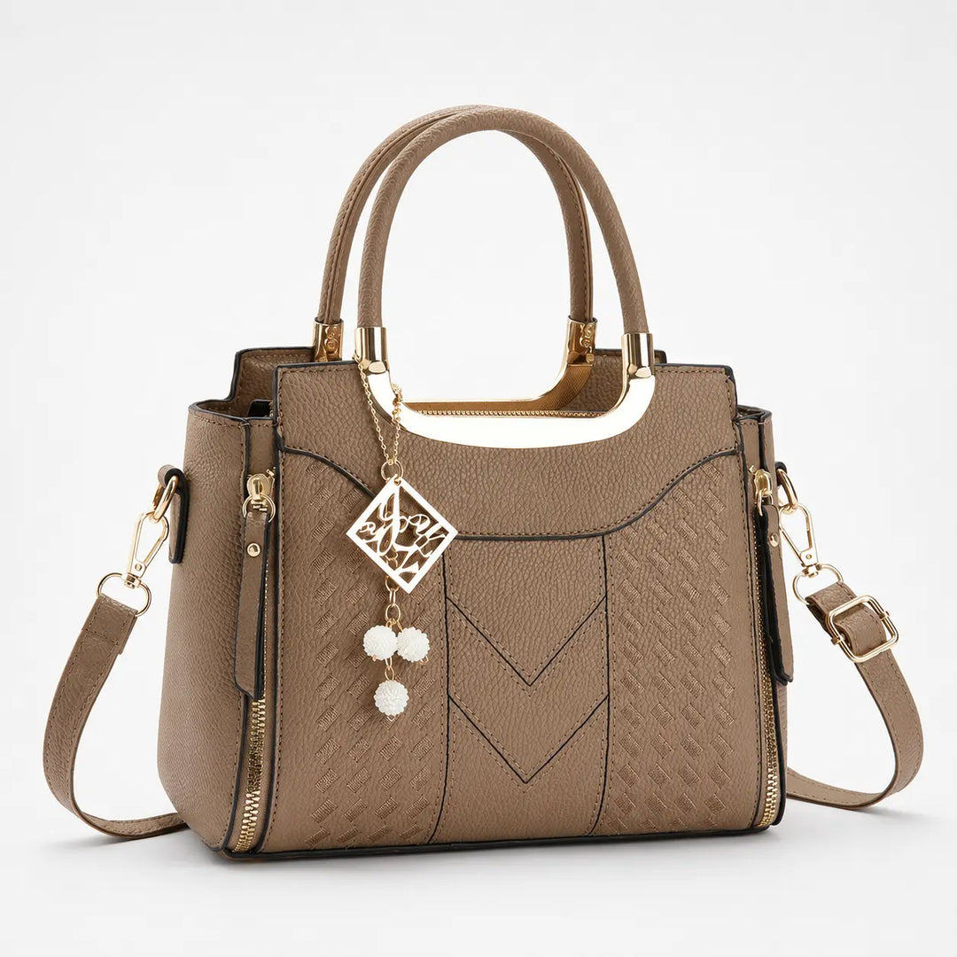 Velura – Structured Top Handle Satchel with Crossbody Strap, V-Stitch, Gold Hardware