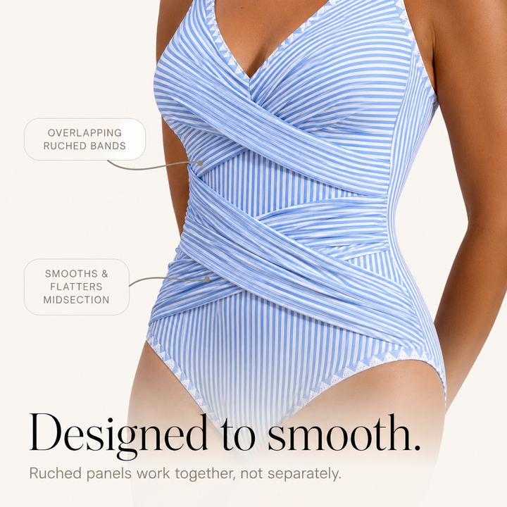 Marivelle – Crisscross Wrap-Front Striped One-Piece Swimsuit, V-Neck Tummy-Smoothing Bathing Suit for Women