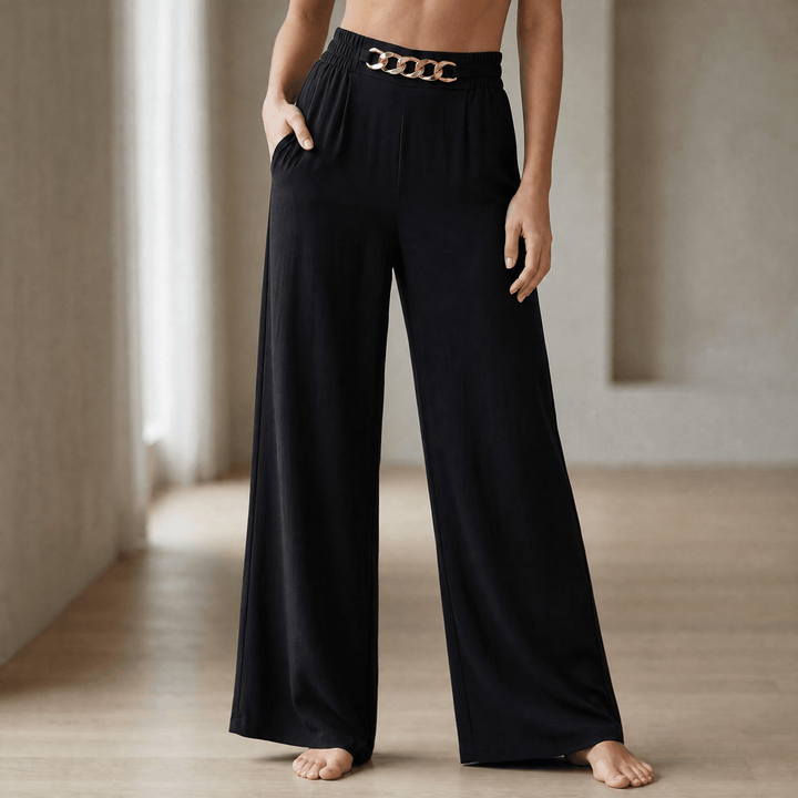 Florena – High Waist Wide Leg Trousers with Chain Accent