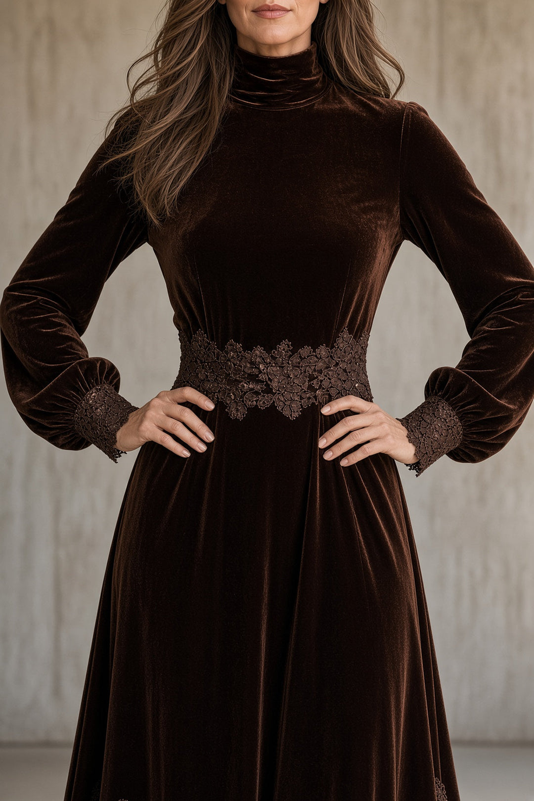 Rowena | Velvet &amp; Lace Long-Sleeve Maxi Dress