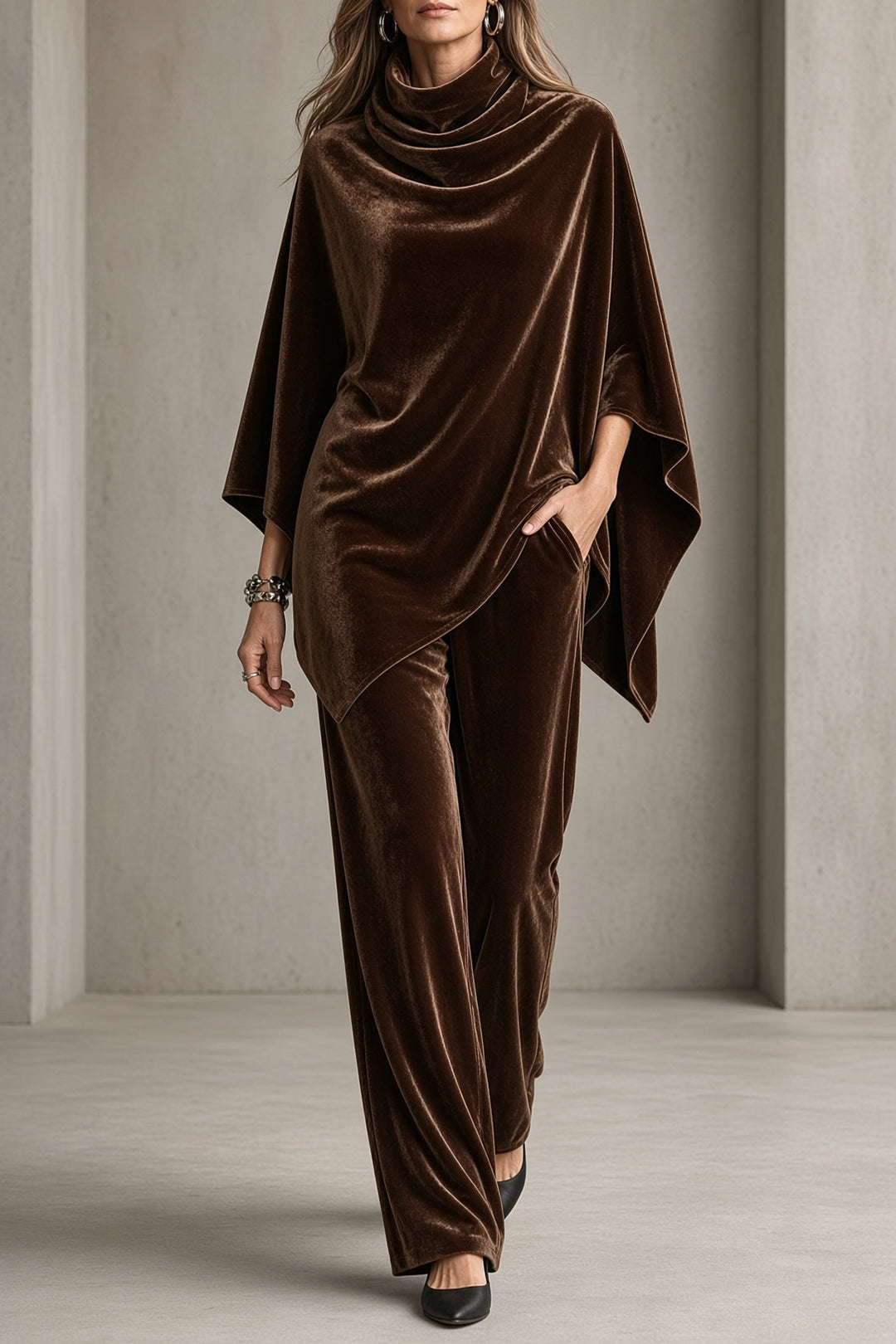 Romilly | Velvet Cowl-Neck Poncho &amp; Wide-Leg Pant Set