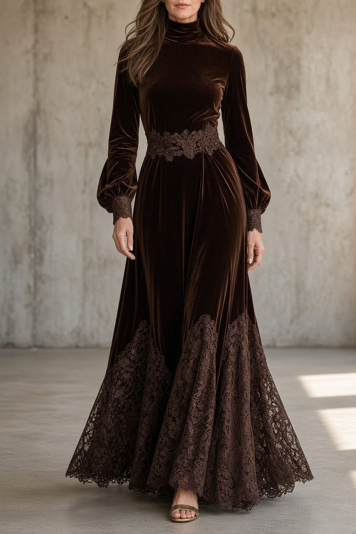 Rowena | Velvet &amp; Lace Long-Sleeve Maxi Dress