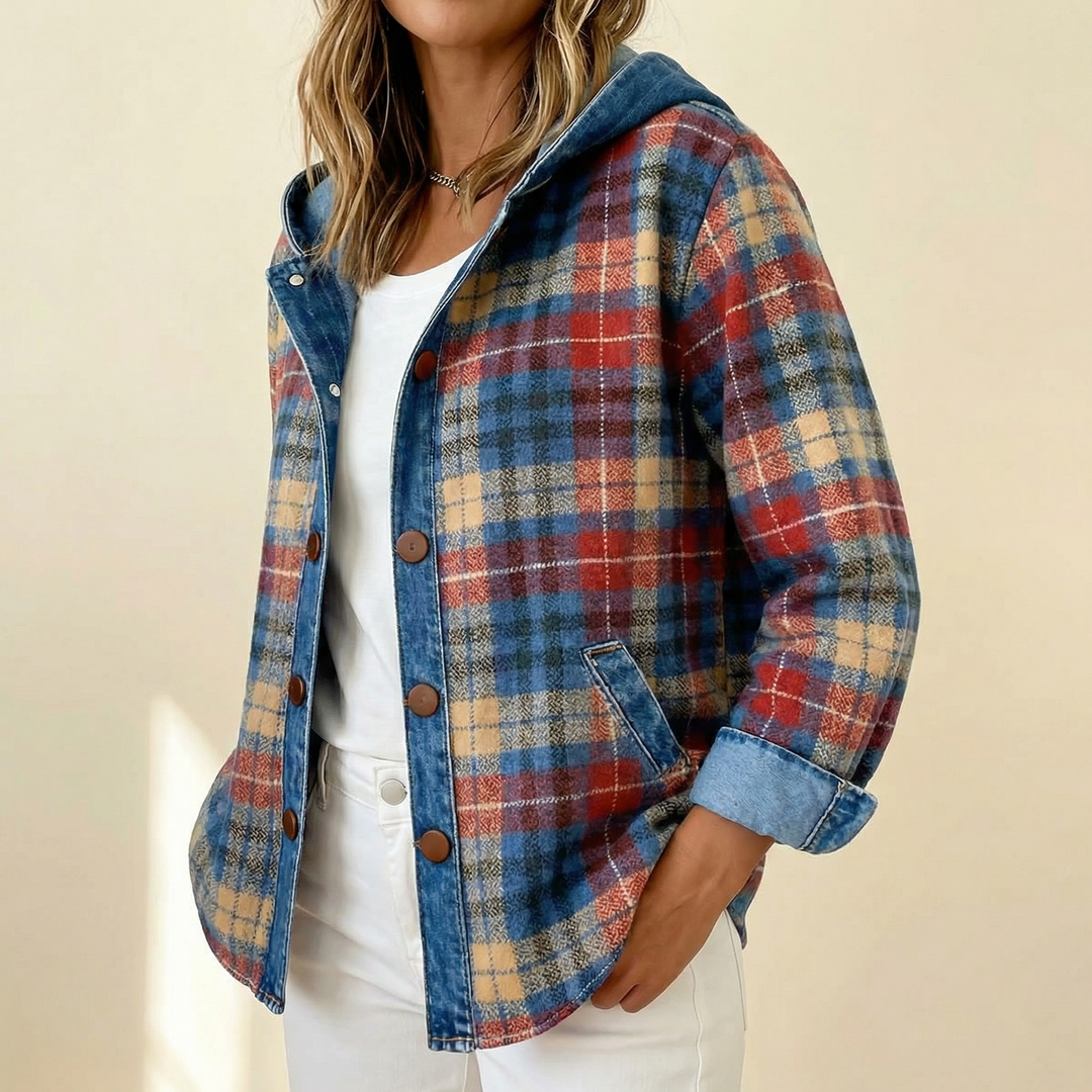 Weslyn – Women’s Contrast Denim Plaid Hooded Jacket