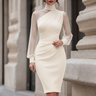 Ivory | Elegant Mesh Sleeve Midi Dress