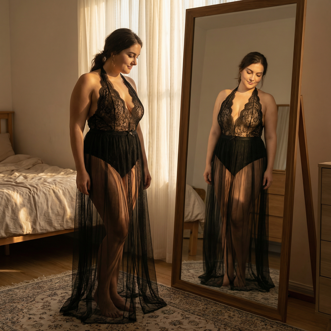 Velaire – Scalloped Lace Bodysuit with Sheer Mesh Train