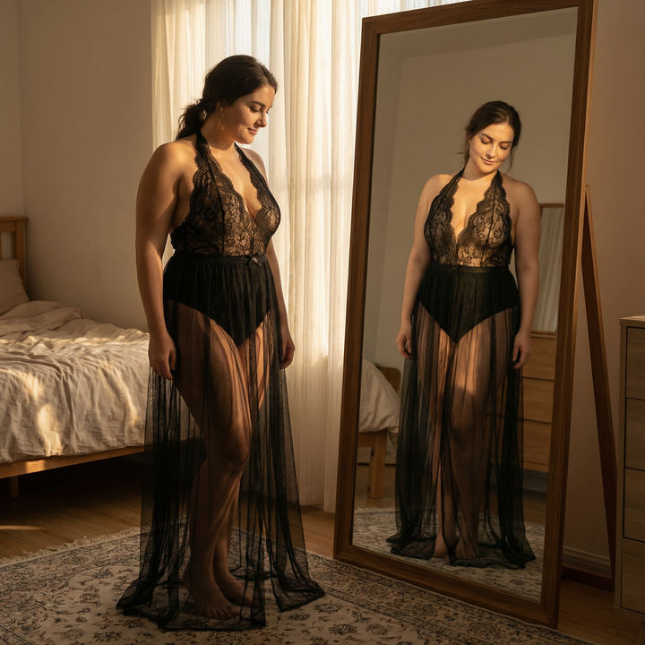 Velaire – Scalloped Lace Bodysuit with Sheer Mesh Train