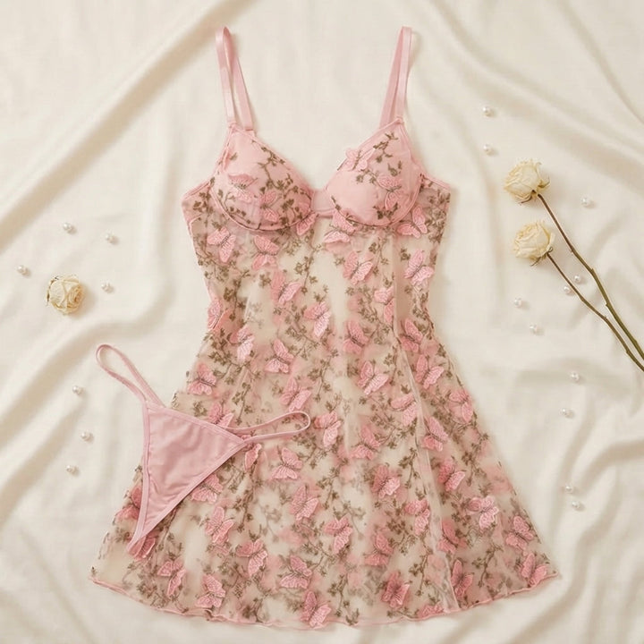 Papielle - Butterfly Embroidery Mesh Nightdress Set