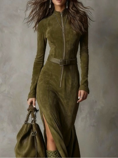 Genevieve | Suede Dress with Belt and Zipper