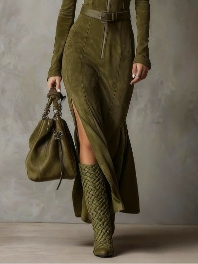 Genevieve | Suede Dress with Belt and Zipper