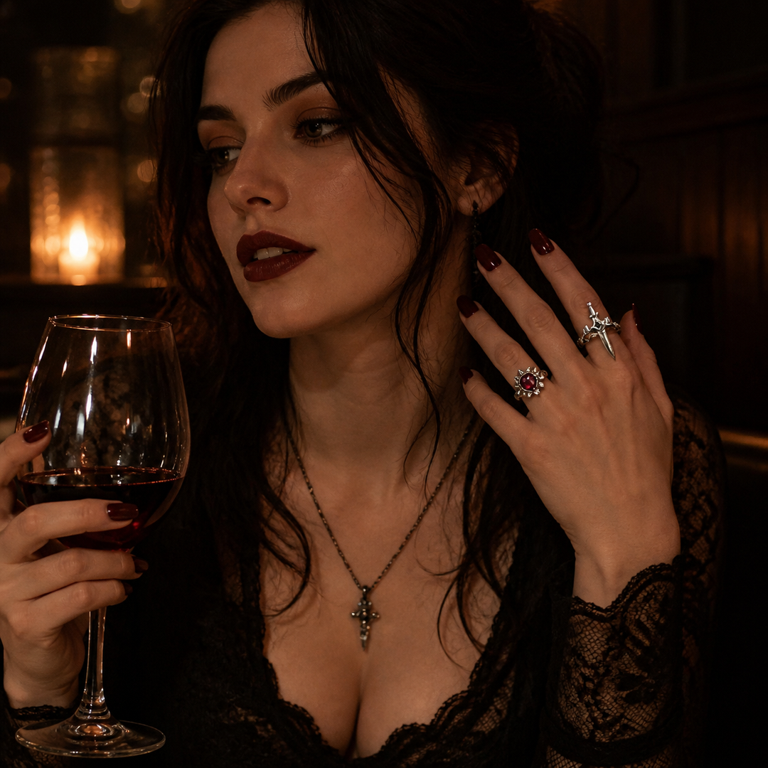 Noctelle – Pierced Heart Ring Set with Garnet Stone
