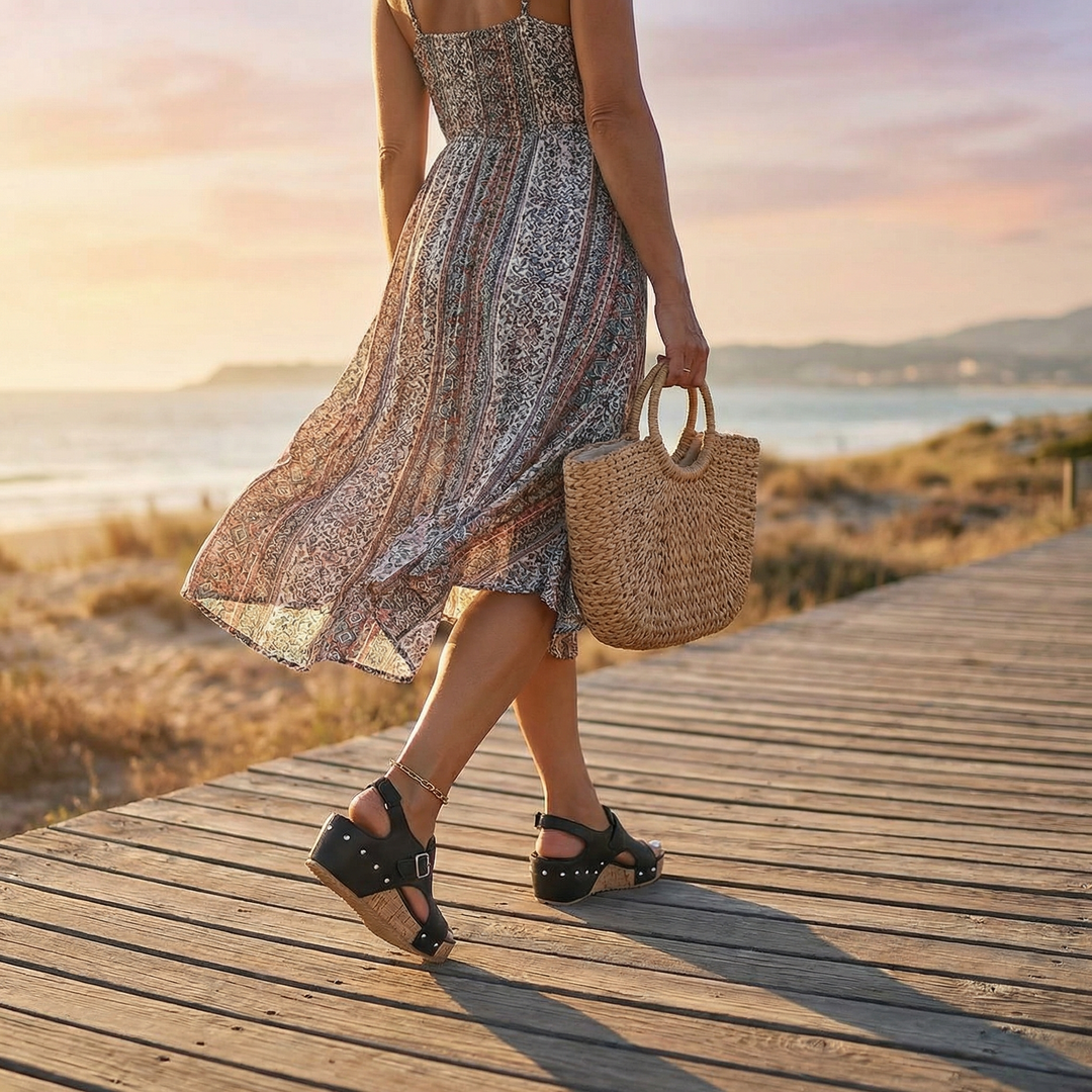Solana – Retro Cork Wedge Sandals with Rivet Detail
