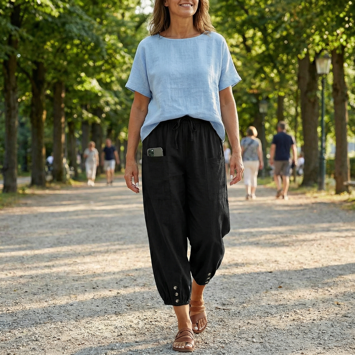 Breezlin – Lightweight Summer Capris with Button Hem