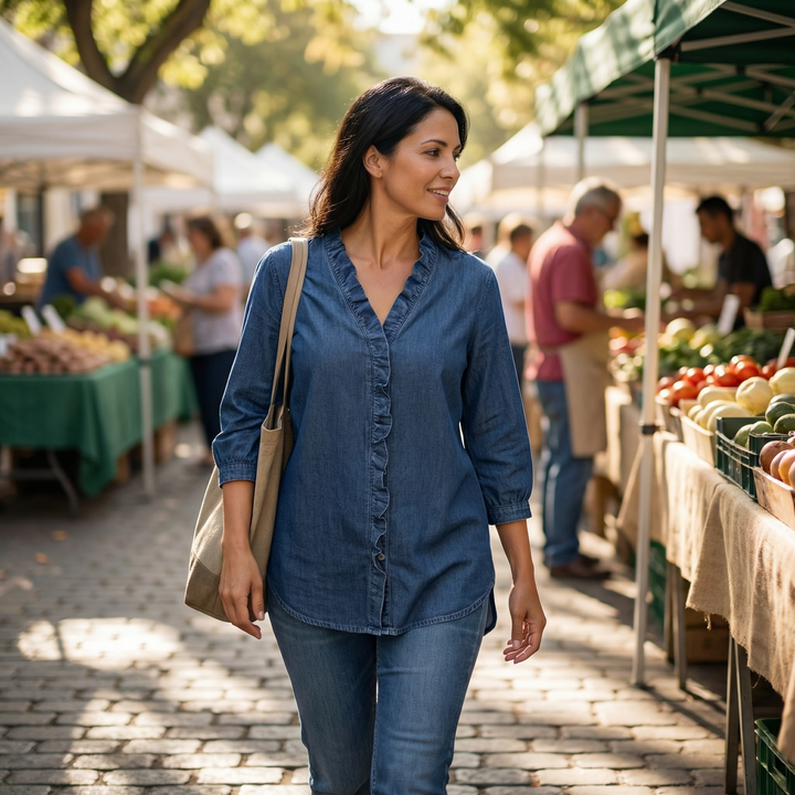 Vivara – Soft Ruffle V Neck Denim Blouse