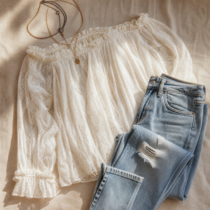 Veluna™ - Off-Shoulder Lace Blouse with Bell Sleeves