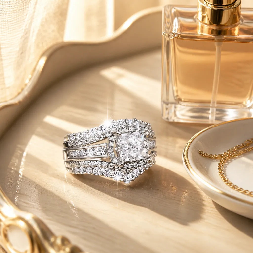 Lunavia – Princess Cut Cubic Zirconia Statement Ring with Triple Pavé Band