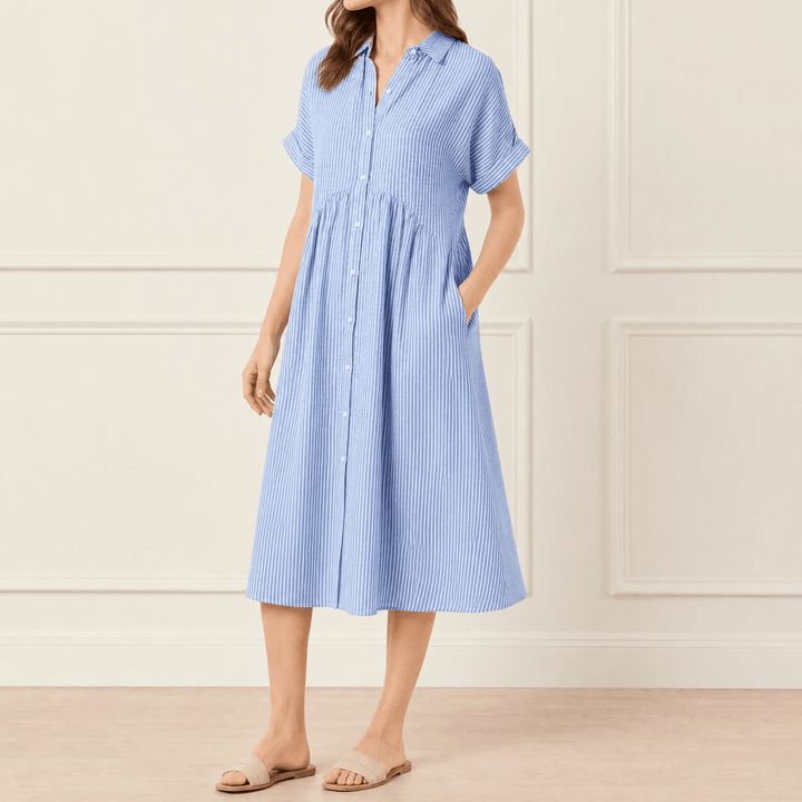 Linara - Striped Midi Shirt Dress with Pockets