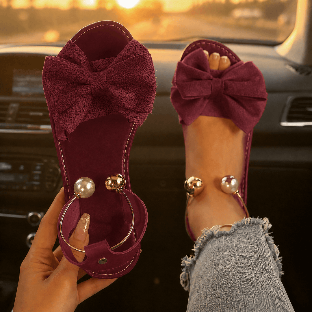 Lunabow – Bow Flat Sandals with Pearl Ankle Cuff