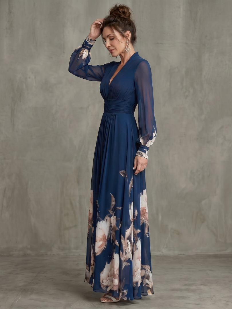 Maude | Floral Hem Sheer Sleeve Maxi Dress