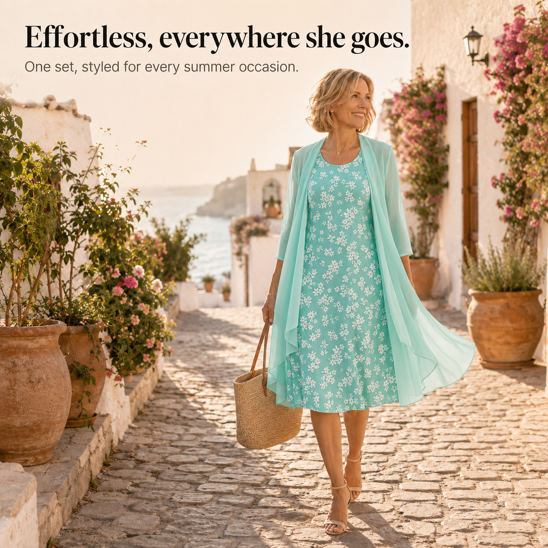 Marisella™ – Floral Midi Dress with Sheer Cardigan 2-Piece Set