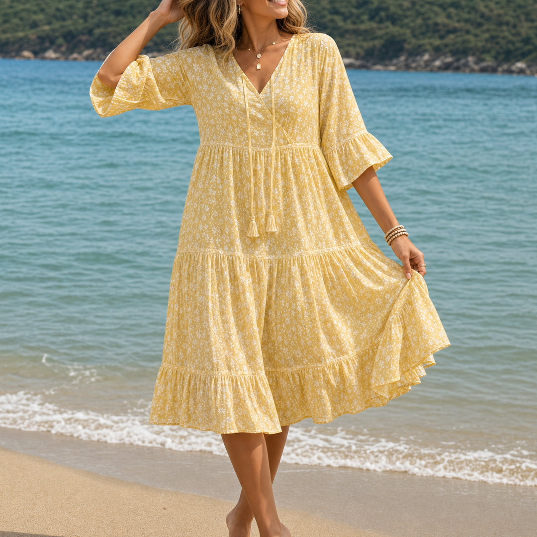 Marivelle – Floral Tiered Midi Dress with V-Neck Tie
