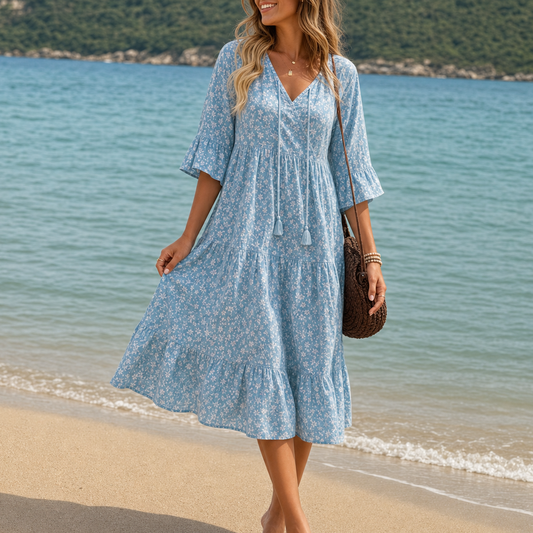 Marivelle – Floral Tiered Midi Dress with V-Neck Tie
