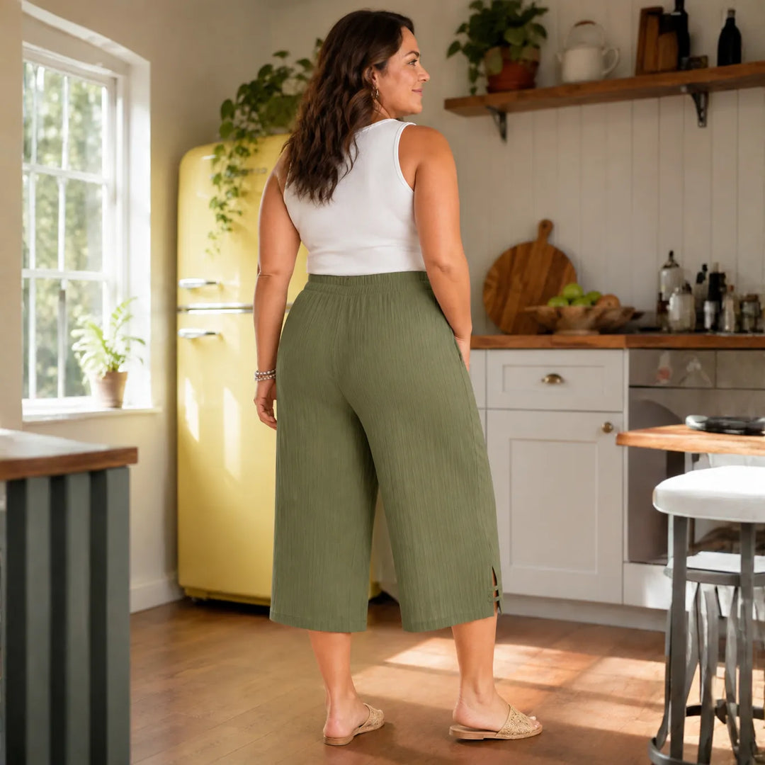 Velora – Ribbed Wide-Leg Capri Pants with Drawstring Waist &amp; Side Slit, Plus Size 1XL–5XL