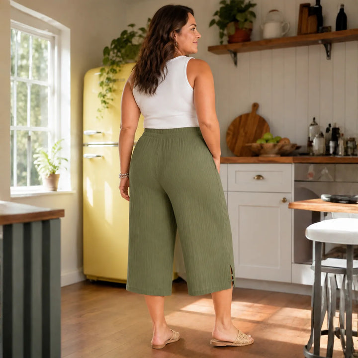 Velora – Ribbed Wide-Leg Capri Pants with Drawstring Waist &amp; Side Slit, Plus Size 1XL–5XL