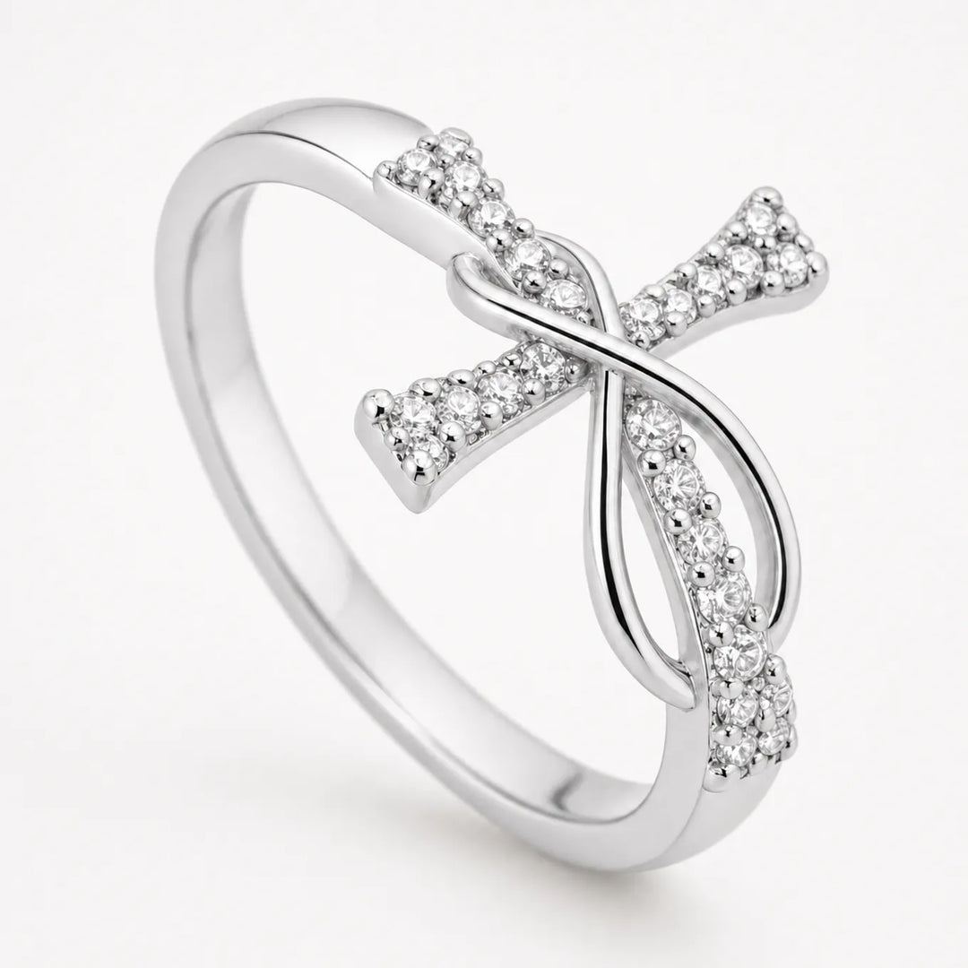 Graceloop – Mobius Cross Ring with Pavé Stones, Gold or Silver