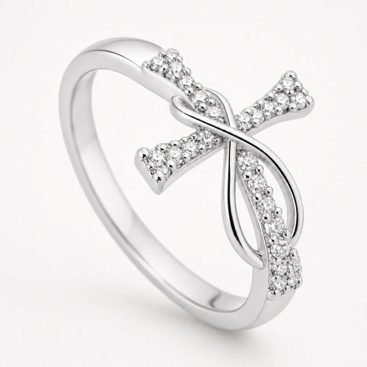 Graceloop – Mobius Cross Ring with Pavé Stones, Gold or Silver