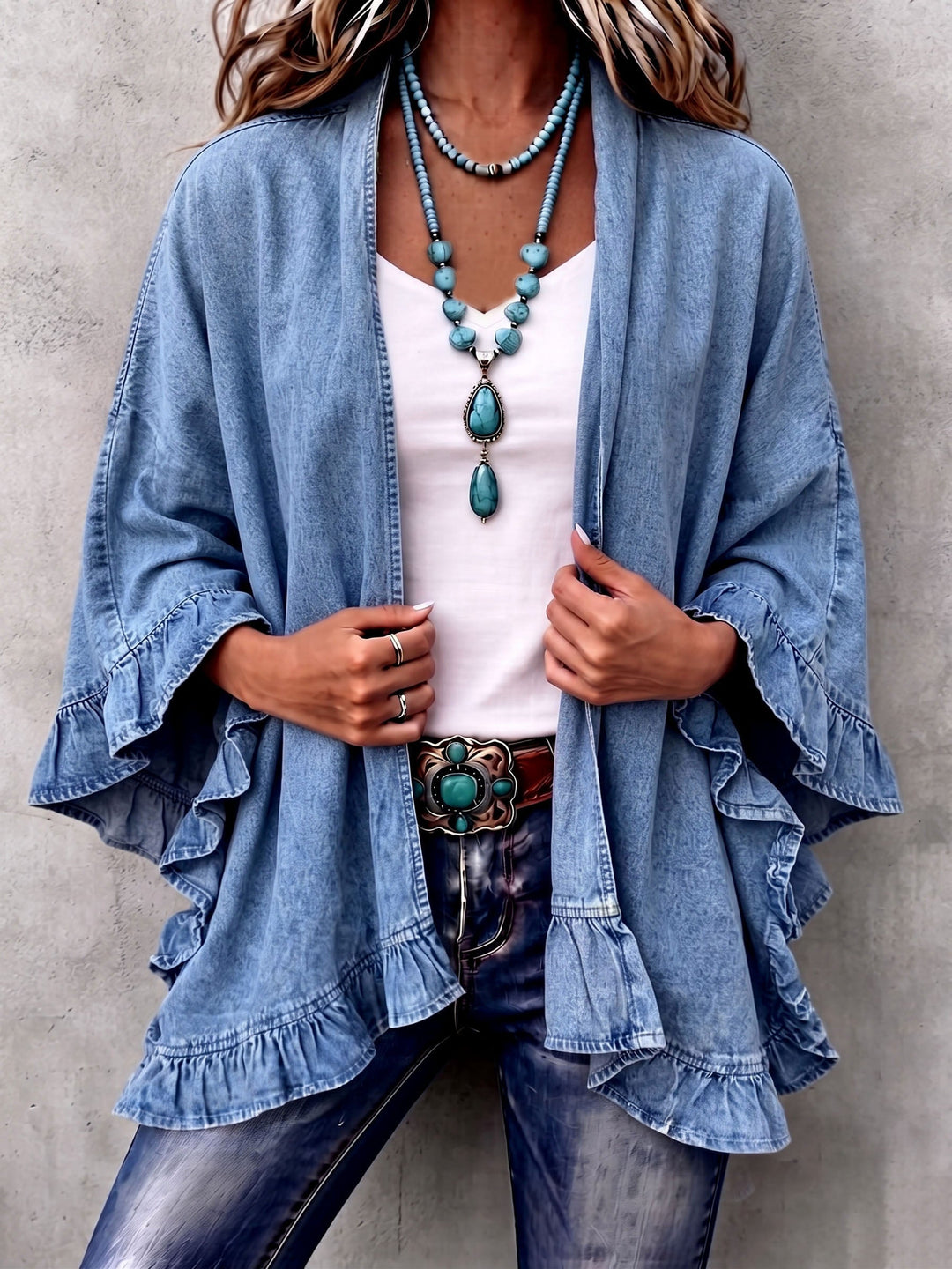 Corinne | Chic Boho Denim Ruffle Trim Cardigan