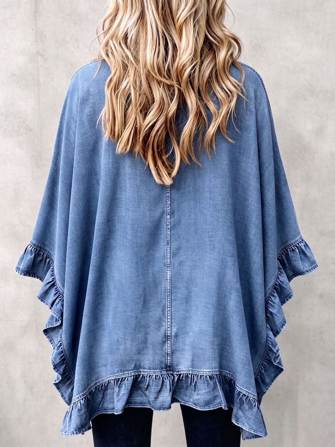Corinne | Chic Boho Denim Ruffle Trim Cardigan