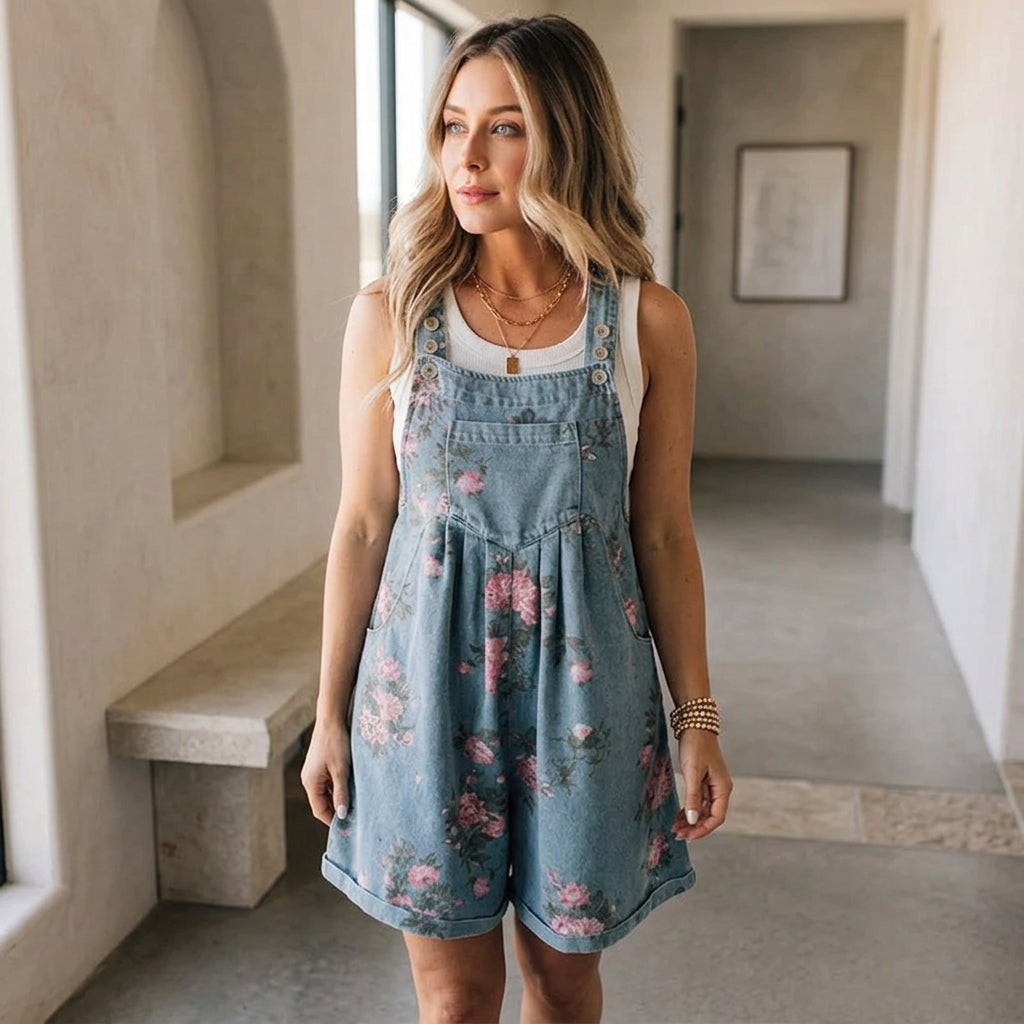 Julia - Vintage Floral Printed Denim Jumpsuit