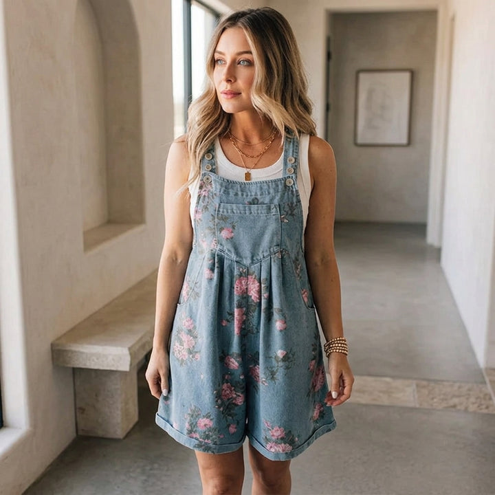 Julia - Vintage Floral Printed Denim Jumpsuit