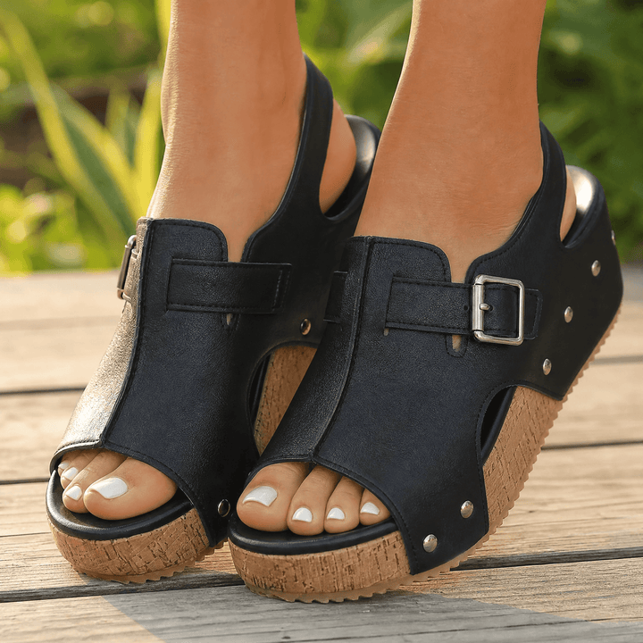 Solana – Retro Cork Wedge Sandals with Rivet Detail