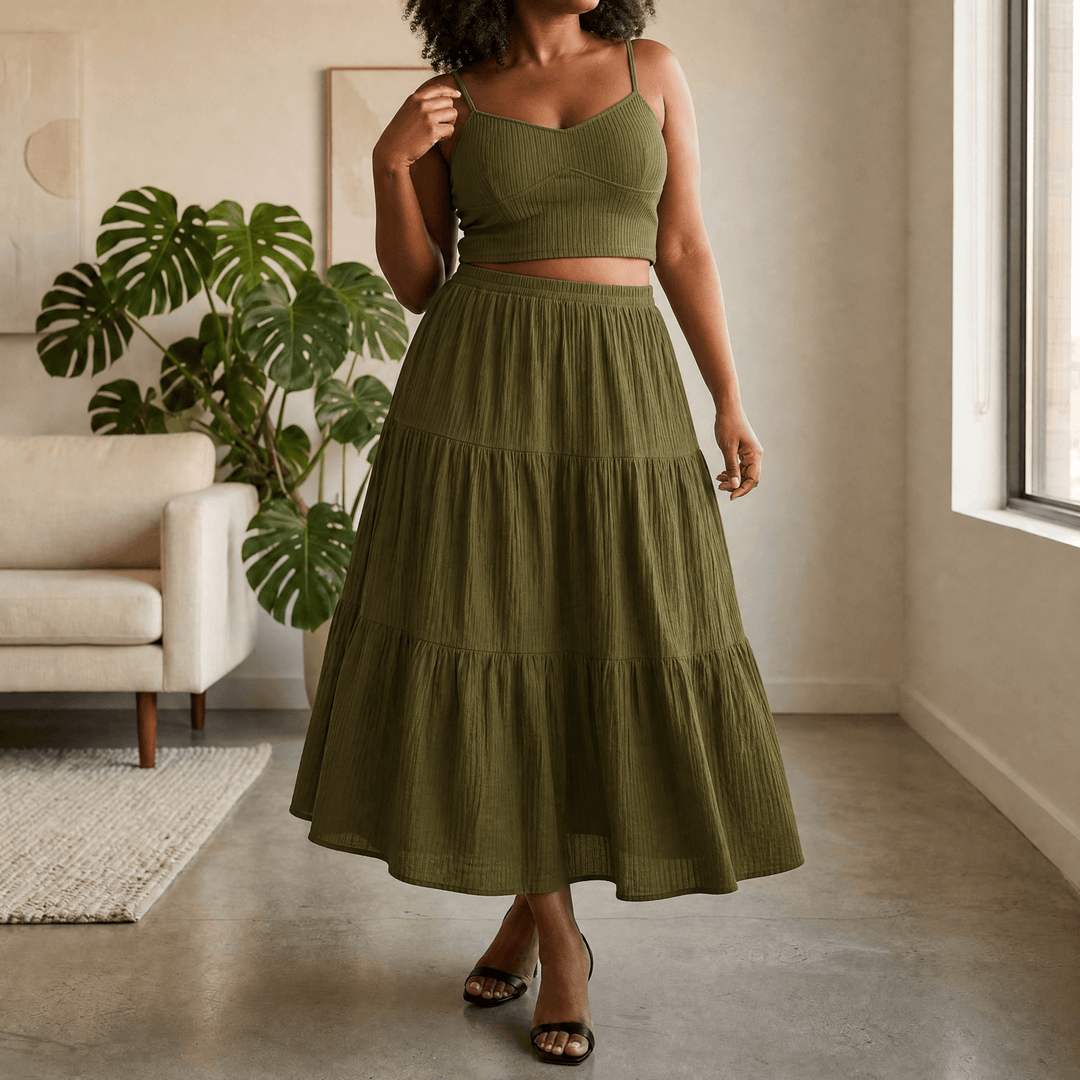 Solavie – Tiered Maxi Skirt and Cami Matching Set
